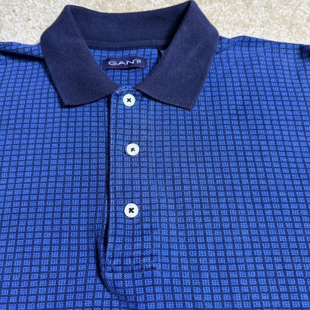 Vintage Gant Polo Shirt Mens M Blue Geometric Check Cotton Contrast Collar Y2K